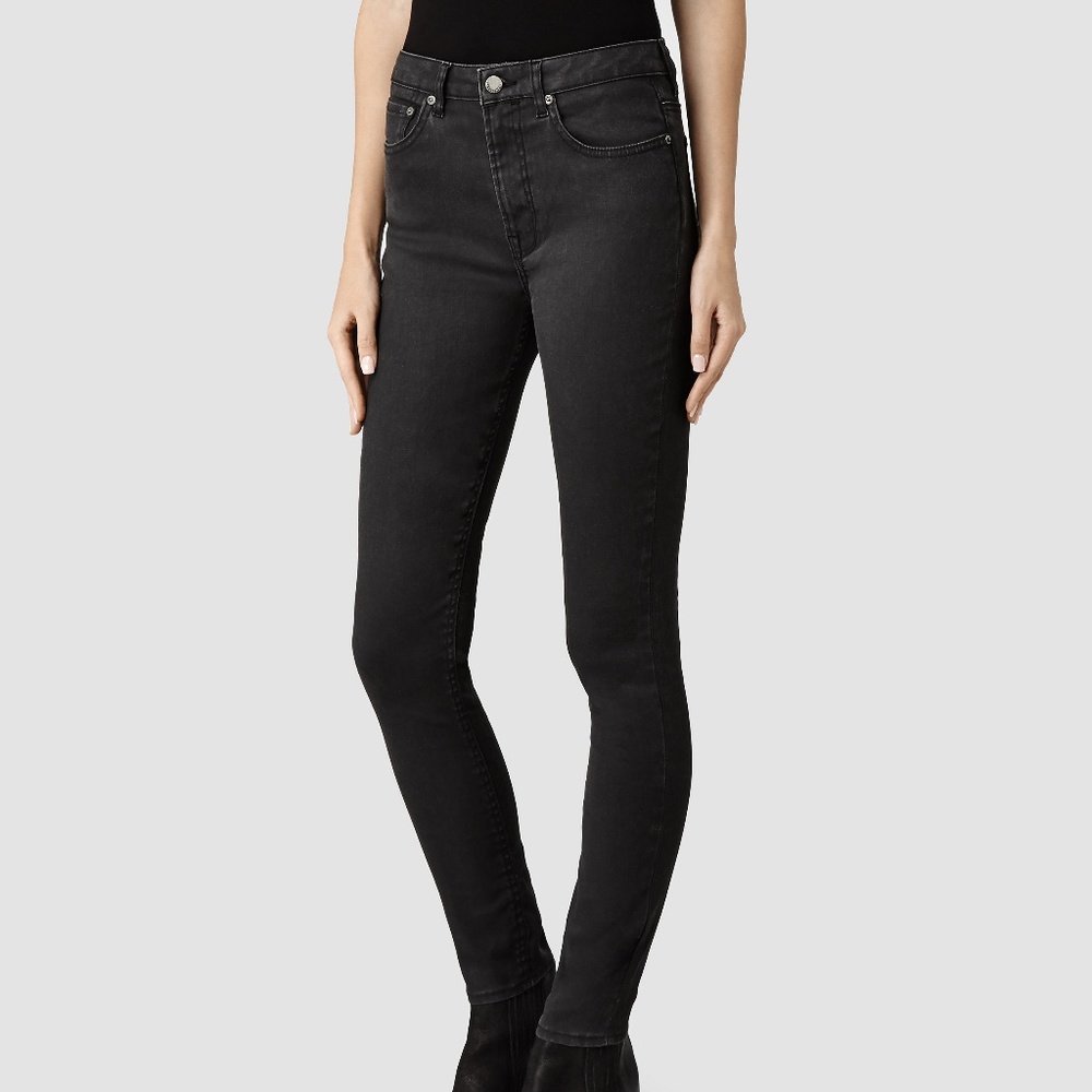 ALL SAINTS LACQUER BLACK COATED MAST JEANS